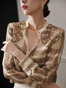 YUXIN Women's Loose Chiffon Printed Shirt, Filled With Retro Charm, Suitable For All Seasons, Showcasing High-End Quality, Suitable For Both Work And Leisure - Coffee Brown - View 5
