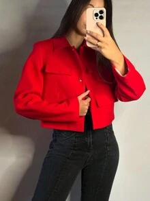 女士优雅休闲夹克 2025 春季口袋装饰长袖纯色外套 - 紅色 - 查看 6