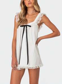 Women Summer Casual Mini Dress Lace Trim Fly Sleeve Bowknot Embellished Short Dress - trắng - Xem 3