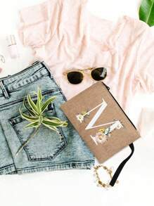 印有首字母和花卉图案 便携式手持钱包 便携式小包 适合送礼 旅行小包装 轻便储物袋 旅行洗衣拉链袋 - 非常适合旅行和度假派对 节日化妆包 - 送给朋友、家人或自己的完美礼物 - 旅行包 男女皆宜 女士钱包 迷你钱包 钱包 腕包钱包 零钱包 - 卡其色 - 查看 4