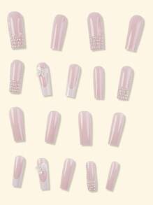 Y2K 提升您的外观 24 件指甲珍珠长棺材指甲尖超光泽按压丙烯酸指甲粉色时尚法式渐变几何条纹蝴蝶图案美容垃圾奢华风格假指甲带水钻光泽可重复使用的女士假指甲甜美、可爱、简约、优雅风格美甲套装带可拆卸假指甲贴片适合节日穿着、派对、朋友、约会、日常穿着
