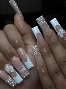 Y2K 提升您的外观 24 件指甲珍珠长棺材指甲尖超光泽按压丙烯酸指甲粉色时尚法式渐变几何条纹蝴蝶图案美容垃圾奢华风格假指甲带水钻光泽可重复使用的女士假指甲甜美、可爱、简约、优雅风格美甲套装带可拆卸假指甲贴片适合节日穿着、派对、朋友、约会、日常穿着