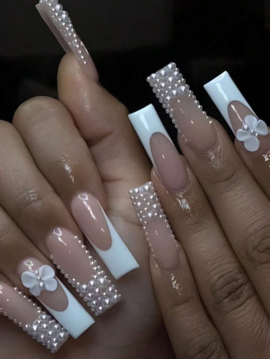 Y2K 提升您的外观 24 件指甲珍珠长棺材指甲尖超光泽按压丙烯酸指甲粉色时尚法式渐变几何条纹蝴蝶图案美容垃圾奢华风格假指甲带水钻光泽可重复使用的女士假指甲甜美、可爱、简约、优雅风格美甲套装带可拆卸假指甲贴片适合节日穿着、派对、朋友、约会、日常穿着