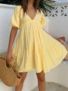 Women's Maternity Summer Garment Casual Solid Hue Puff-Sleeved V-Neck A-Line Silhouette Dress For Photoshoots Pregnancy Apparel