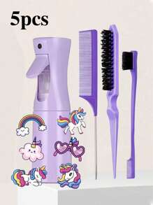 1/3/4/5/7pcs Hair Styling Tool Set, Includes Brush, Spray Bottle, Transparent Water Bottle, Rat-Tail Comb, Hairline Styling Brush, Suitable As New Year Gift For Girls, Comes With Cute DIY Stickers (Random Style) - Multicolor - View 15