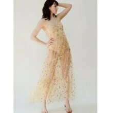 Women's Mesh See-Through Skirt High Waist Skirt Beachwear Pleated Long Maxi Skirt - 金色 - 查看 2