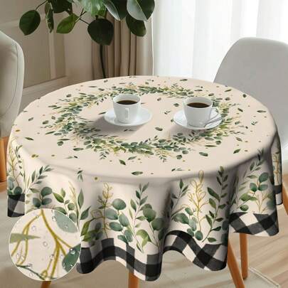 1 pieza Mantel redondo con hojas de eucalipto, Cubierta de mesa verde de hoja reutilizable y de temporada, Estilo de granja a cuadros adecuado para decoración de fiesta, picnic y cena