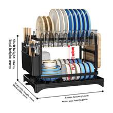 2 Tier Dish Rack Plate Cup Drying Drainer Storage Drip Tray Cutlery Holder Black