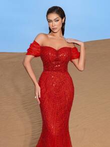 Faeriesty 优雅露肩亮片美人鱼晚礼服，曳地长拖尾——修身喇叭裙摆，精致的全身珠饰，适合红毯活动、奢华婚礼和正式晚宴等春季场合。 - 紅色 - 查看 6