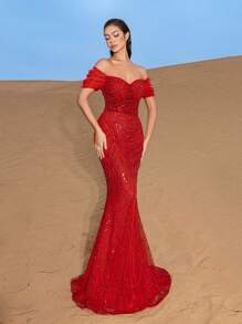 Faeriesty 优雅露肩亮片美人鱼晚礼服，曳地长拖尾——修身喇叭裙摆，精致的全身珠饰，适合红毯活动、奢华婚礼和正式晚宴等春季场合。 - 紅色 - 查看 8