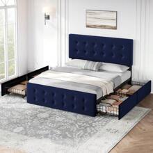 CuisinSmart Queen Size Bed Frame With Headboard,Linen Upholstered Platform Bed Frame With 4 Storage Drawers,Button Tufted Style,No Box Spring Needed - 藍色 - 查看 6