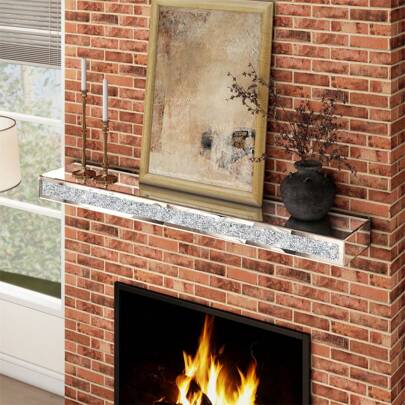 Fireplace Mantel Mirrored Floating Shelf With Faux Diamond Inlay Accent Shelf For Over Fireplace & Under TV, Crystal Crushed Diamond Floating Wall Shelf For Living Room, Bedroom, Kitchen, Silver