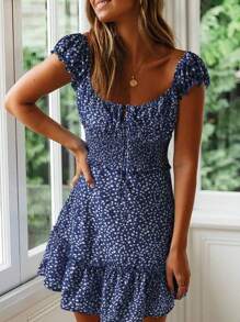 2026 Hot Bohemian StyleSummer Women's Smocked Ruffle Floral Tie - Front Short Dress - 藏蓝色 - 查看 5