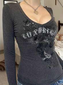 Women Y2k Fairy Grunge T Shirt Top Vintage Gothic Graphic Long Sleeve V Neck Slim Fit T Shirts Spring Fall E-Girl Emo Goth Punk Tees Tops Retro Aesthetic Clothes Streetwear - Màu xám đen - Xem 2