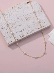 1pc Dainty Stainless Steel Multiple Faux Pearl Necklace 18K Gold-Plated Anti Fading Chain Layered Necklace For Women Romantic Holiday Wedding Jewelry Choker Daily Wear Accessories Bridesmaid, Valentine's Day, Mother's Day Gifts,Mom,Mother,Mother's Day,Gift