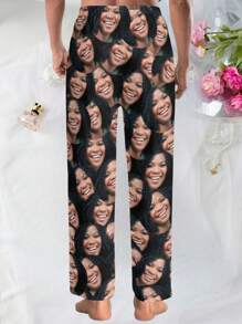 Custom Unisex Comfy Pants With Photo Pattern, Customized Men's Novelty Pajama, Fall & Winter - Black - View 2