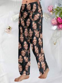 Custom Unisex Comfy Pants With Photo Pattern, Customized Men's Novelty Pajama, Fall & Winter - Black - View 3
