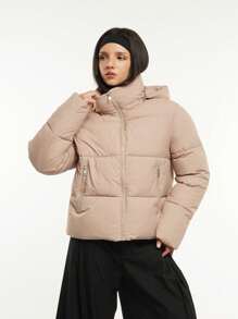 Women Puffer Jacket Hood Winter Water Repellent Wind-Resistant Ladies Classic Quilted Padded Coat Big Pocket - Oat - View 2