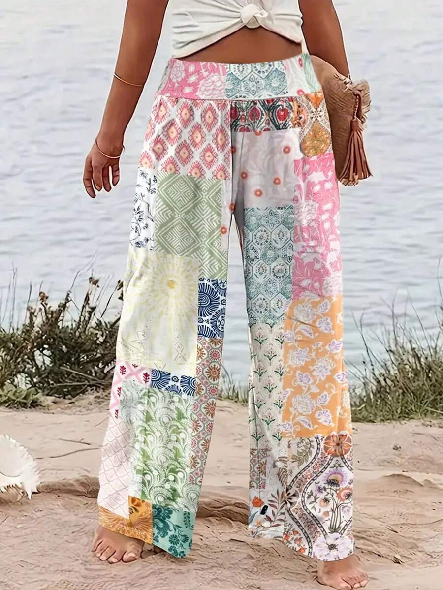 Damen Große Größen Lose, Lässig Blumen Patchwork Lange Hose, Frühling/Sommer - Verschiedenfarbig - Übersicht 1
