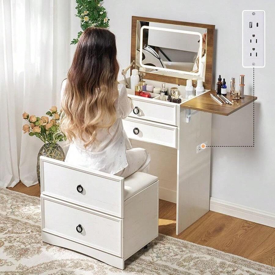 Farmhouse Makeup Vanity Table With Sliding Stool – Fold-Up Mirror, Divided Storage, Power Outlet, And Adjustable LED Light, Ideal For Small Spaces - View 1