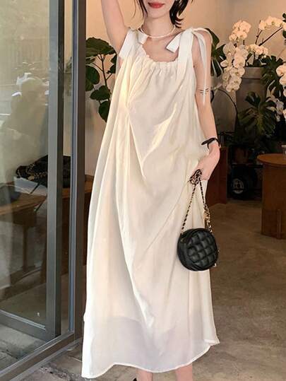 无袖系腰休闲夏日度假海滩太阳裙，修身款