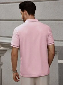 Men Plus Size Striped Short Sleeve Casual Office Polo Shirt - Pink - View 4