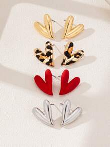 Set de 2 piezas/6 piezas/8 piezas de pendientes de diseño de corazón arrugado con estampado de leopardo de aleación de zinc para mujeres, pendientes de corazones lindos para Día de San Valentín, Fiesta, Mamá, Madre, Día de la Madre, Regalo - amar - Ver 15