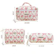 1 件可爱蝴蝶结绗缝化妆包，时尚便携女士拉链化妆包，多功能旅行化妆品收纳包，大容量、可爱设计化妆包，适合旅行、日常使用、居家、美容收纳