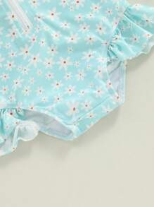 Traje de baño para niñas pequeñas, con protección contra erupciones, de manga larga, estampado floral, con volantes y gorro de baño - Verde - Ver 6