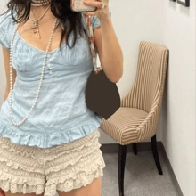 Y2K Fairy Grunge Crop Top For Women Short Sleeve Lace Patchwork Low Cut T-Shirt Aesthetic Slim Fit Cute Babydoll Top Tees Vintage Fairy Grunge T-Shirt Aesthetic Harajuku 90s Streetwear - Màu xanh nhạt - Xem 2
