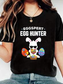 Eggspert Egg Hunter Easter T-Shirt Boys Girls Cool Bunny T-Shirt Printed Round Neck Women's T-Shirt - Soft, Breathable, Short Sleeve Casual Women's T-Shirt
