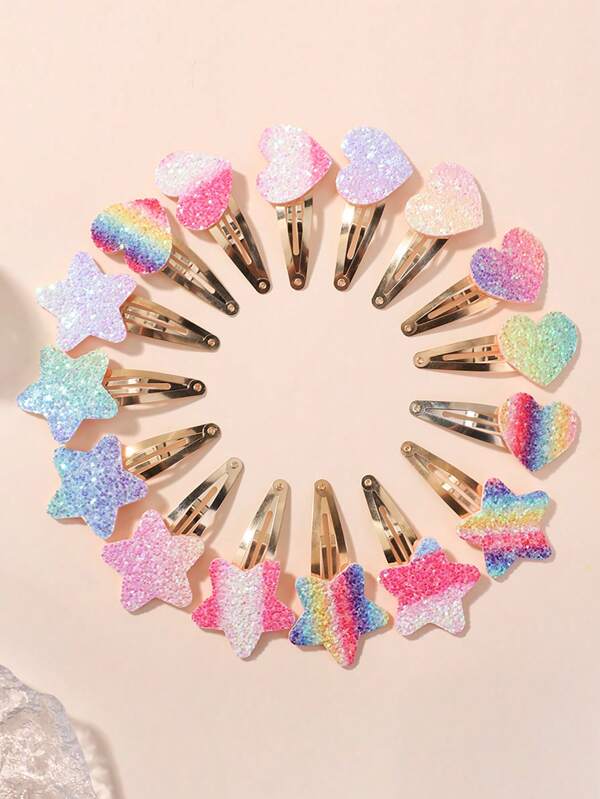 16 szt. Serca i gwiazdy Cekiny Dekoracja Kwiatowe Spinki Do Włosów Dla Dzieci, Świeży Styl Kucyk Spinki Dla Dziewczynek