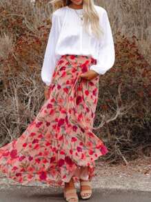 Women's Casual Beach Holiday Floral Printed Chiffon Opaque Lining, Elegant High-Waist Loose Fit Midi Skirt, Suitable For Spring And Summer Wear