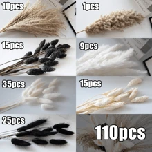 30/80/110pcs Natural Fluffy Pampas Grass Decor Set Includes Pompom Flowers, Reed, Bunny Tails Dried Pampas Grass Bouquet, For Boho Decor Wedding, Home Decoration (Black & White), Valentine Day, Gift - Black and White - View 11