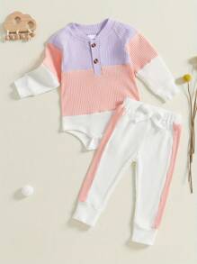Baby Girl Spring 2Pcs Outfits Set, Ribbed Contrast Color Long Sleeve Romper Long Pants - Pink - View 3