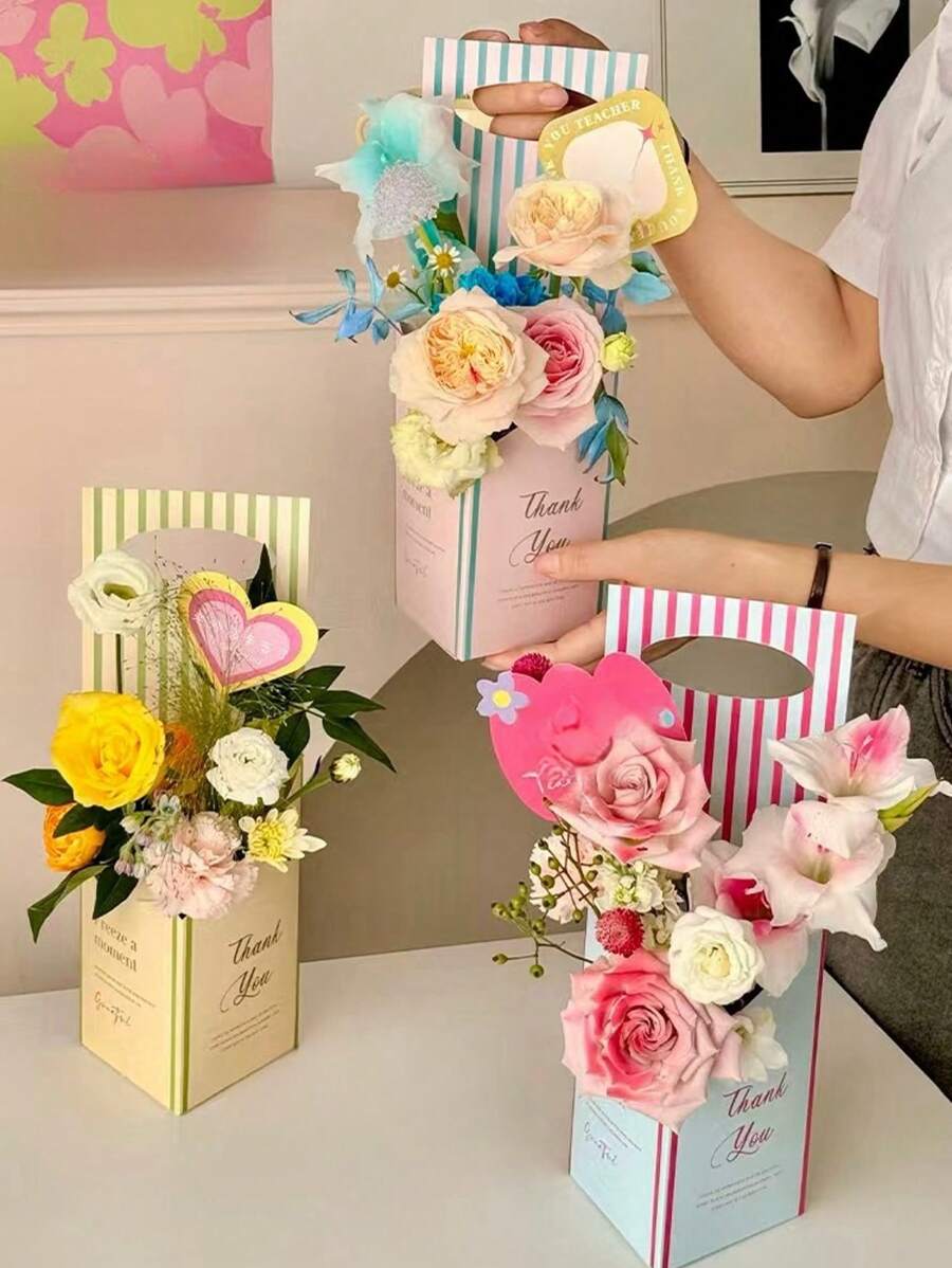 1 hộp quà hoa sọc, hộp đựng bó hoa sáng tạo, hộp trang trí DIY cắm hoa thủ công, thích hợp cho hoa hồng, hoa cẩm chướng và nhiều bó hoa khác nhau