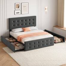 Queen Size Bed Frame With Headboard,Linen Upholstered Platform Bed Frame With 4 Storage Drawers,Button Tufted Style,No Box Spring Needed - Màu xám đen - Xem 4