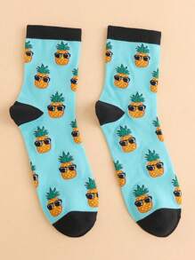 1 Pair Men's Creative Fashion Sunglasses & Pineapple Design Socks, Comfortable & Breathable Mid-Calf Socks, Funny Socks Gift For Women, Fall - Multicolor - View 3
