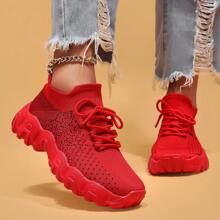 Women's Simple Plain Lace-Up Low Top Sock Sneakers, Summer 2024 Casual Comfortable Breathable Lightweight Sports Running Shoes - 酒紅色 - 查看 4