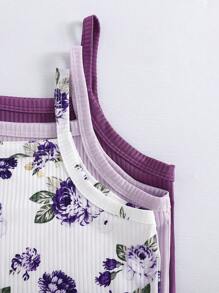 3pcs Girls Floral Print & Solid Ribbed Camisole Top Set, Comfortable