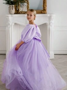少女蝴蝶结后背 V 领泡泡袖薄纱公主裙，适合生日派对、复活节、花童、婚礼、舞会、特殊场合 - 淡紫色 - 查看 6