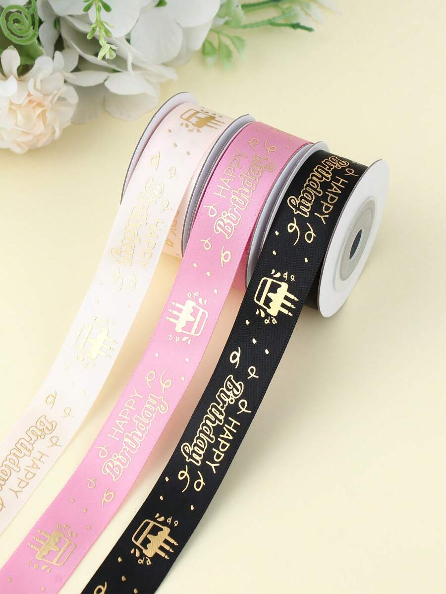 5 Yards Of 2cm Wide,1pc Happy Birthday Ribbon, Satin Ribbons Bow DIY Cake Packing Ribbon, Baking & Gift Wrapping, Gold Foil,Birthday Party, Wedding, Valentine's Day Party Decorations - Birthday Ribbon - View 1