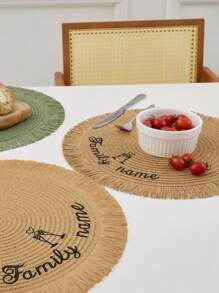 15-Inch Handwoven Straw Round Placemats With Tassel Fringe, Customizable Embroidery Design For Name And Blessing, Suitable For Family Dining, Weddings, Holidays, Parties, Washable And Heat-Insulating, Anti-Slip Table Mat