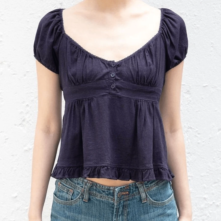 Y2K Fairy Grunge Crop Top For Women Short Sleeve Lace Patchwork Low Cut T-Shirt Aesthetic Slim Fit Cute Babydoll Top Tees Vintage Fairy Grunge T-Shirt Aesthetic Harajuku 90s Streetwear - 藏蓝色 - 查看 1