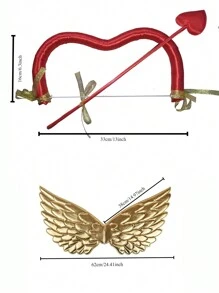 1/2 件丘比特服装套装，包括翅膀和弓箭，红色/金色，角色扮演配件，情人节摄影道具