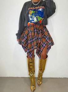 大码嘻哈格子裙 2025 - 女式街头格子裙，可拆卸袖子，多色说唱风格裙，高腰 A 字裙，配腰带 (0X-5X) - 橘色 - 查看 3