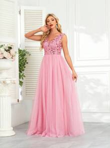 hezixi Elegant V-Neck Sleeveless Sequin Mesh Sexy Evening Dress For Women Long Mermaid Formal Prom Luxury Wedding Party Cocktail Gowns Women's Dresses - Pink - View 2
