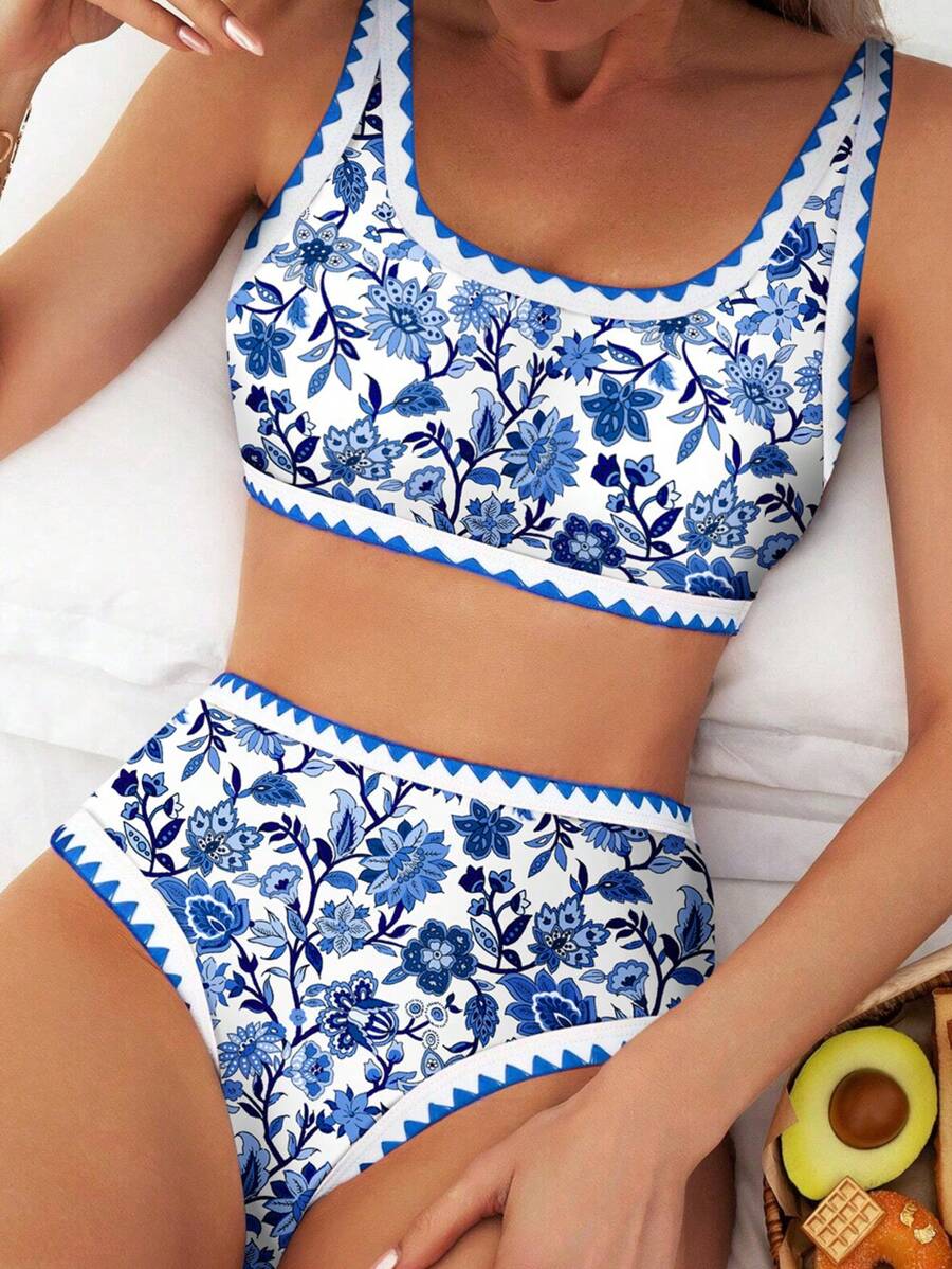Women's Two-Piece Swimsuit With Boho Floral Print Bikini Sets. - Blue and White - View 1