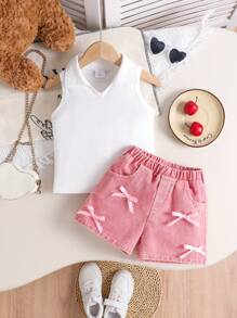 女孩夏季休闲翻领无袖上衣和粉色牛仔蝴蝶结短裤套装 - 白色 - 查看 1