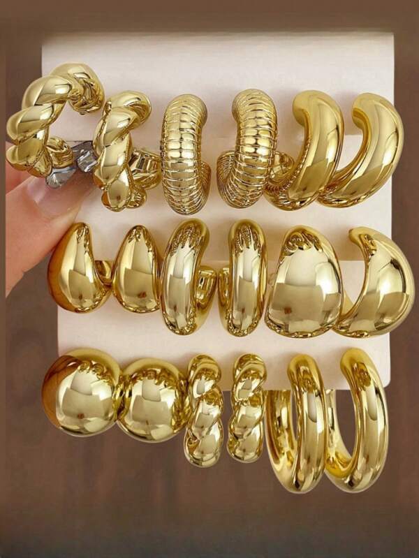 Set de 18 piezas de nuevos pendientes de aro grandes de color dorado en forma de C retorcida y lágrima para mujeres, joyas de metal con formas geométricas circulares de moda (sin obstrucciones de papel)